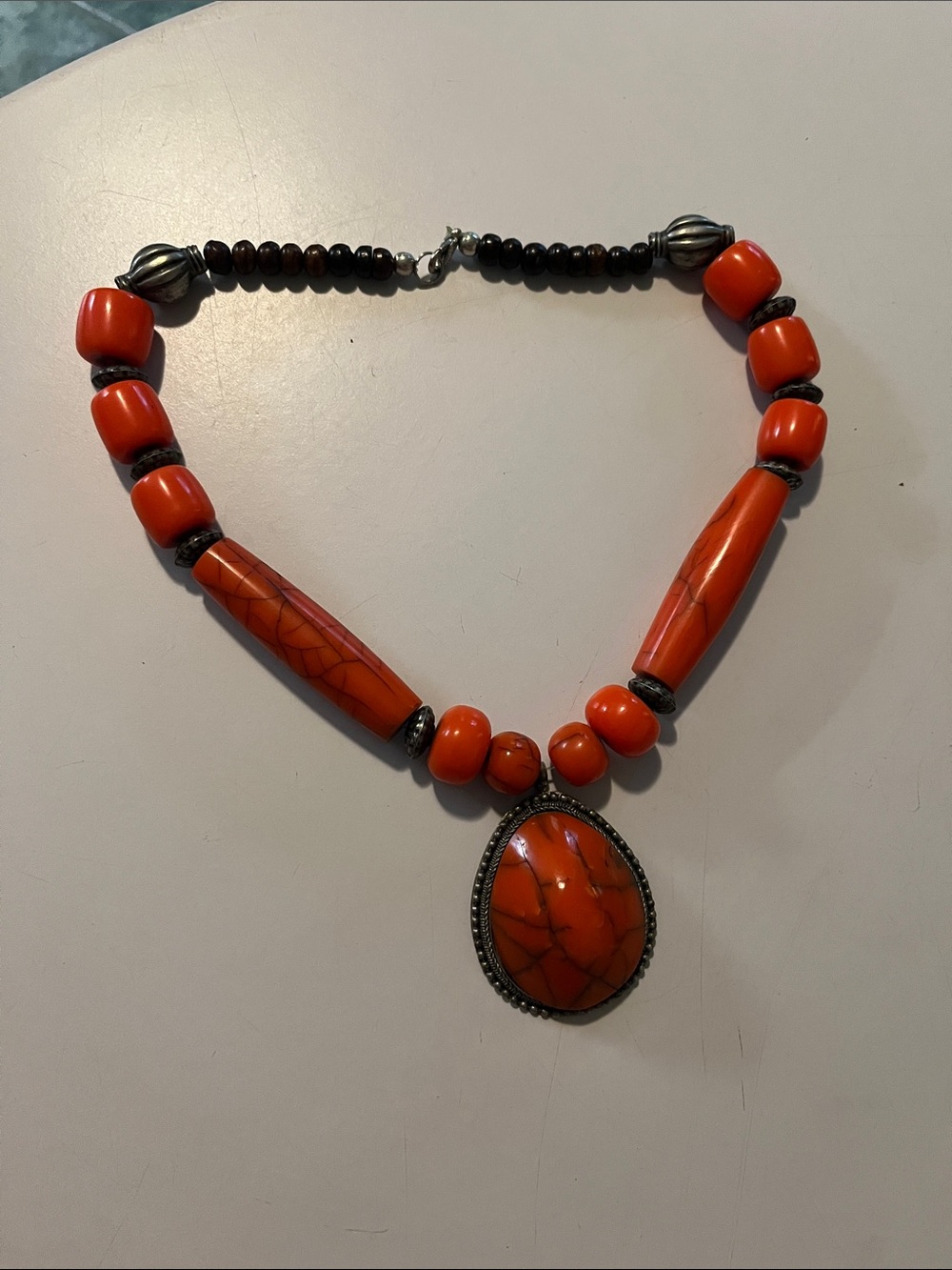 Orange Beaded Statement Necklace with Pendant - Unbranded